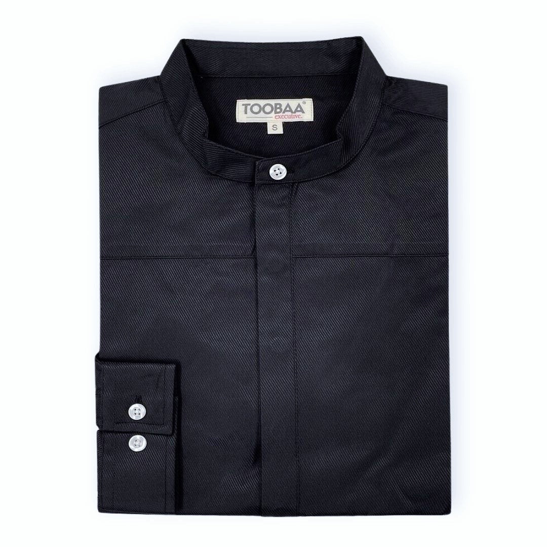 Professionally folded black pinstriped executive kurta with band collar on a white background, featuring the brand 'TOOBAA EXECUTIVE'.