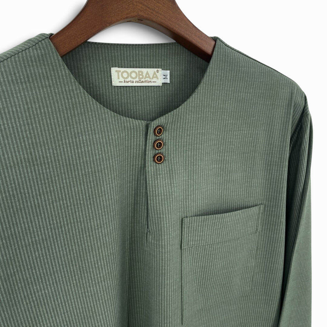 Designer edition pinstriped Macha Green Kurta 360 with 3 buttons and a pocket on a hanger, featuring the Toobaa brand.