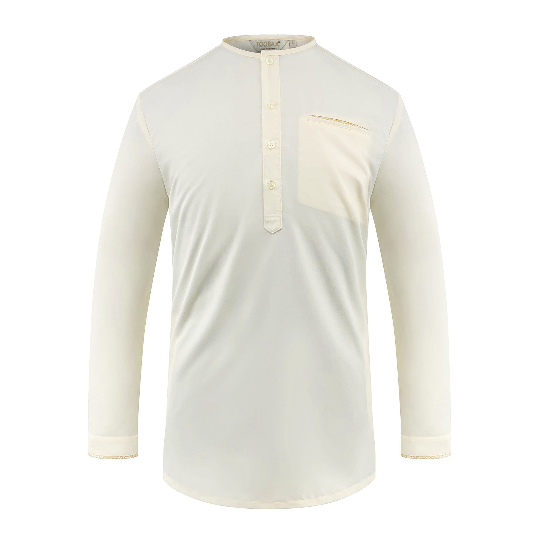 Toobaa's Kurta Hakimi in white long-sleeve with a batik pocket on a white background