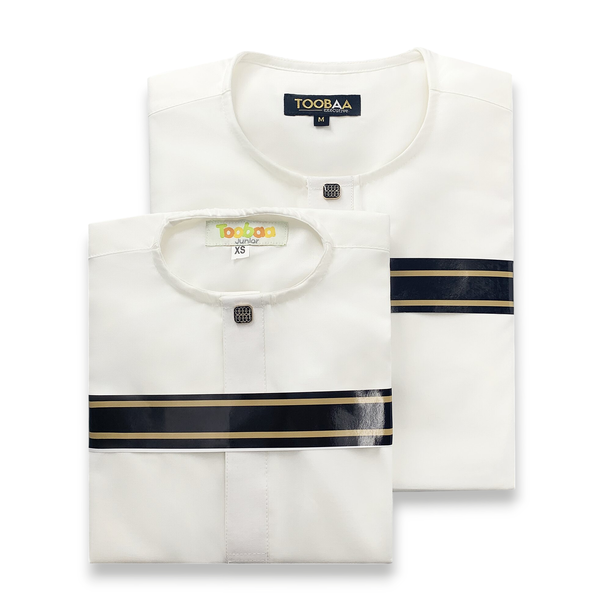 Professionally folded father and son Toobaa's Kurta Zidan in white.