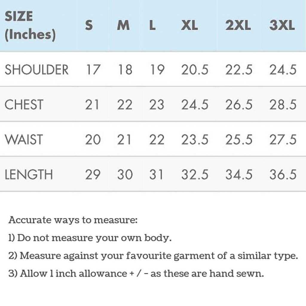 Size Charts - T-Shirt Kurta