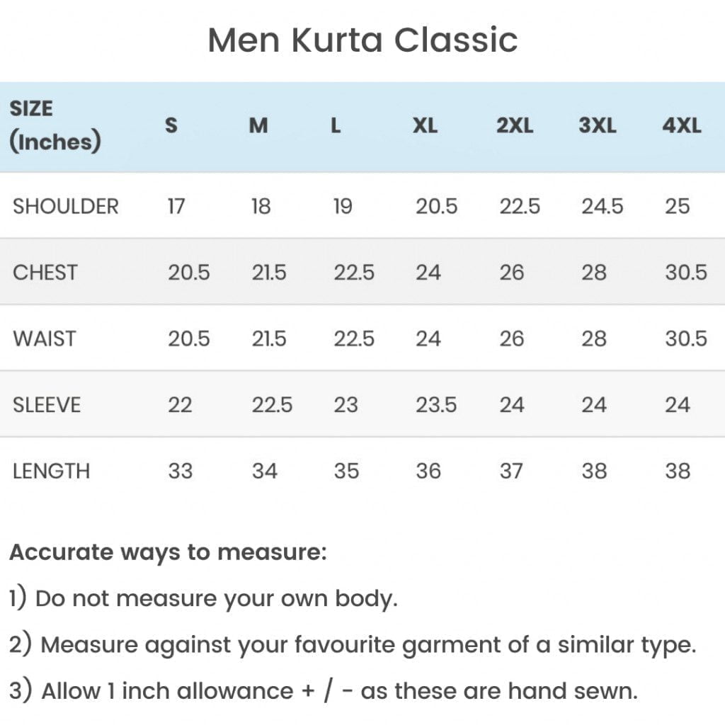 Size Charts - Kurta Classic
