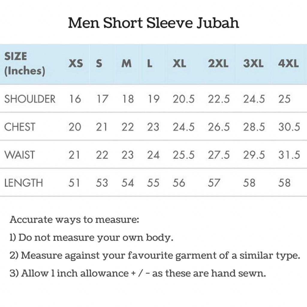 Size Charts - Jubah Short-Sleeve