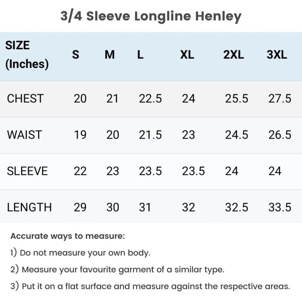 Size Charts - 3/4 Sleeves Longline Henley